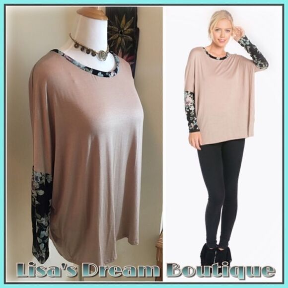 Final Sale | Taupe Brown Black Floral Print Long Sleeves Knit Top - Picture 1 of 4
